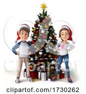 3d Casual Young Man And Woman With A Christmas Tree On A White Background by Julos