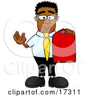 Clipart Picture Of A Black Businessman Mascot Cartoon Character Holding A Red Sales Price Tag by Toons4Biz