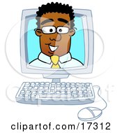 Clipart Picture Of A Black Businessman Mascot Cartoon Character Looking Out From Inside A Computer Screen