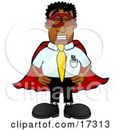 Clipart Picture Of A Black Businessman Mascot Cartoon Character Dressed As A Super Hero by Mascot Junction