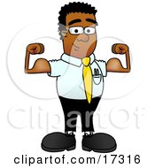 Clipart Picture Of A Strong Black Businessman Mascot Cartoon Character Flexing His Arm Muscles by Toons4Biz