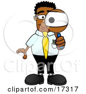 Poster, Art Print Of Black Businessman Mascot Cartoon Character Looking Through A Magnifying Glass