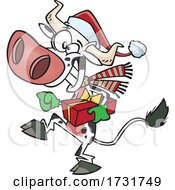 Cartoon Christmas Cow Holding A Present