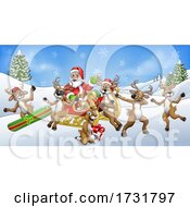 Poster, Art Print Of Christmas Fun Scene Santa Claus Sled And Reindeer