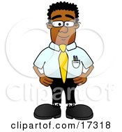 Clipart Picture Of A Black Businessman Mascot Cartoon Character Standing With His Hands On His Hips While Supervising Employees