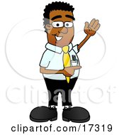 Clipart Picture Of A Black Businessman Mascot Cartoon Character Waving And Pointing To The Right by Toons4Biz