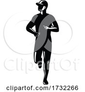 Poster, Art Print Of Silhouette Of Country Marathon Runner Running Front View Retro Black And White