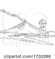 Poster, Art Print Of Mayon Volcano Or Mount Mayon With Cagsawa Church Bell Tower Ruins Continuous Line Drawing