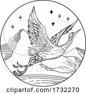 Great Blue Heron Flying Over Mountains With Stars Circle Mono Line Style Black And White