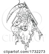 Poster, Art Print Of Grim Reaper Holding Smoking Hot Cup Of Coffee And Scythe Tattoo Line Drawing Black And White