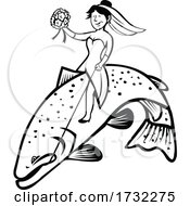 Poster, Art Print Of Bride Female Fisherman With Flower Bouquet Riding A Steelhead Trout Cartoon Black And White