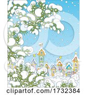 Poster, Art Print Of Snowy Branches Framing A Winter Village