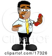 Black Businessman Mascot Cartoon Character Holding A Telephone