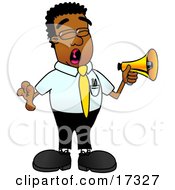 Clipart Picture Of A Black Businessman Mascot Cartoon Character Screaming Into A Megaphone