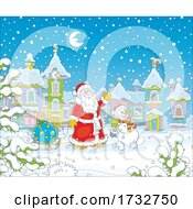 Poster, Art Print Of Santa Claus And A Snowman Walking Through A Town