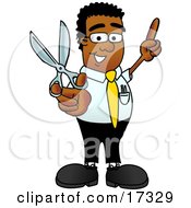 Black Businessman Mascot Cartoon Character Holding A Pair Of Scissors