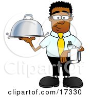 Black Businessman Mascot Cartoon Character Holding A Serving Platter