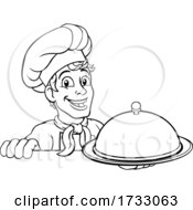 Chef Cook Baker Man Cartoon Holding Domed Tray
