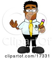 Black Businessman Mascot Cartoon Character Holding A Yellow Pencil