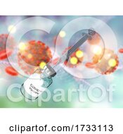 Poster, Art Print Of 3d Medical Background With Syringe And Vaccine On Covid 19 Virus Cells And Blood Cells