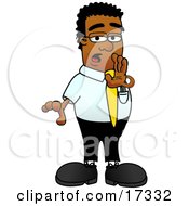 Poster, Art Print Of Black Businessman Mascot Cartoon Character Whispering And Gossiping