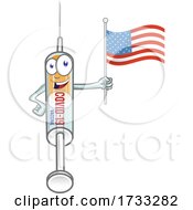 Covid 19 Syringe Vaccine Mascot Character Holding An American Flag