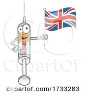 Covid 19 Syringe Vaccine Mascot Character Holding A Uk Flag