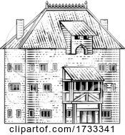 Poster, Art Print Of Old Medieval House Inn Building Vintage Woodcut