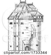 Poster, Art Print Of Old Medieval Castle Building Vintage Woodcut Style