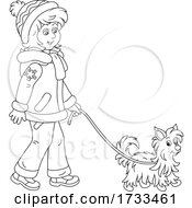 Poster, Art Print Of Black And White Happy Woman Walking A Yorkie Dog