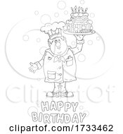 Poster, Art Print Of Black And White Happy Birthday Greeting And Chef Holding A Cake