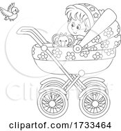 Poster, Art Print Of Black And White Happy Baby Girl Watching A Bird From Her Stroller
