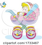 Poster, Art Print Of Happy Baby Girl Watching A Bird From Her Pram
