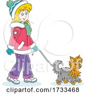 Happy Woman Dressed For The Winter And Walking A Yorkie Dog
