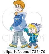 Happy Father And Son Holding Hands And Taking A Winter Stroll