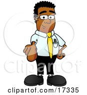 Black Businessman Mascot Cartoon Character Pointing At The Viewer