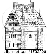 Poster, Art Print Of Old Medieval House Inn Building Vintage Woodcut