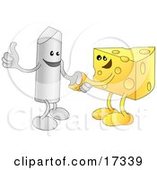 Chalk Character Giving The Thumbs Up And Shaking Hands With A Wedge Of Swiss Cheese While Agreeing On A Business Deal Clipart Illustration by AtStockIllustration