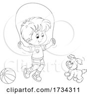 Poster, Art Print Of Outline Little Boy Playing With His Pup And Jump Roping