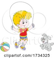 Poster, Art Print Of Little Boy Playing With His Pup And Jump Roping