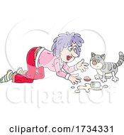 Woman Talking To A Kitty Cat After Spilling Milk