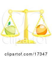 Poster, Art Print Of Golden Scale Balanced With A Green Apple On The Left Side And An Orange On The Right Side Symbolizing Opposites