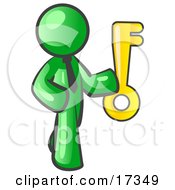 Royalty-Free People Clipart Picture Of A Lime Green Businessman Holding A Large Golden Skeleton Key Symbolizing Success