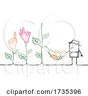 Stick Man Farmer Shaking Hands With Plants