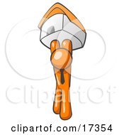 Orange Man Holding Up A House Over His Head Symbolizing Home Loans And Realty Clipart Illustration