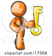 Orange Businessman Holding A Large Golden Skeleton Key Symbolizing Success Clipart Illustration