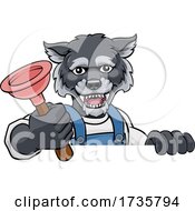 Poster, Art Print Of Wolf Plumber Cartoon Mascot Holding Plunger