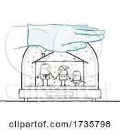 Gloved Hand Protecting A Stick Family Wearing Masks In A Snowglobe