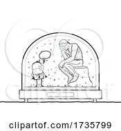 Stick Man Wearing A Mask And Looking At A Statue In A Snowglobe