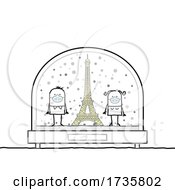 Poster, Art Print Of Stick Couple Wearing Masks By The Eiffel Tower In A Snowglobe
